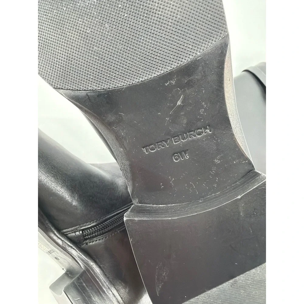 Tory Burch Black Leather Tall Riding‎ Boots Gold Logo Buckle 6W 139174